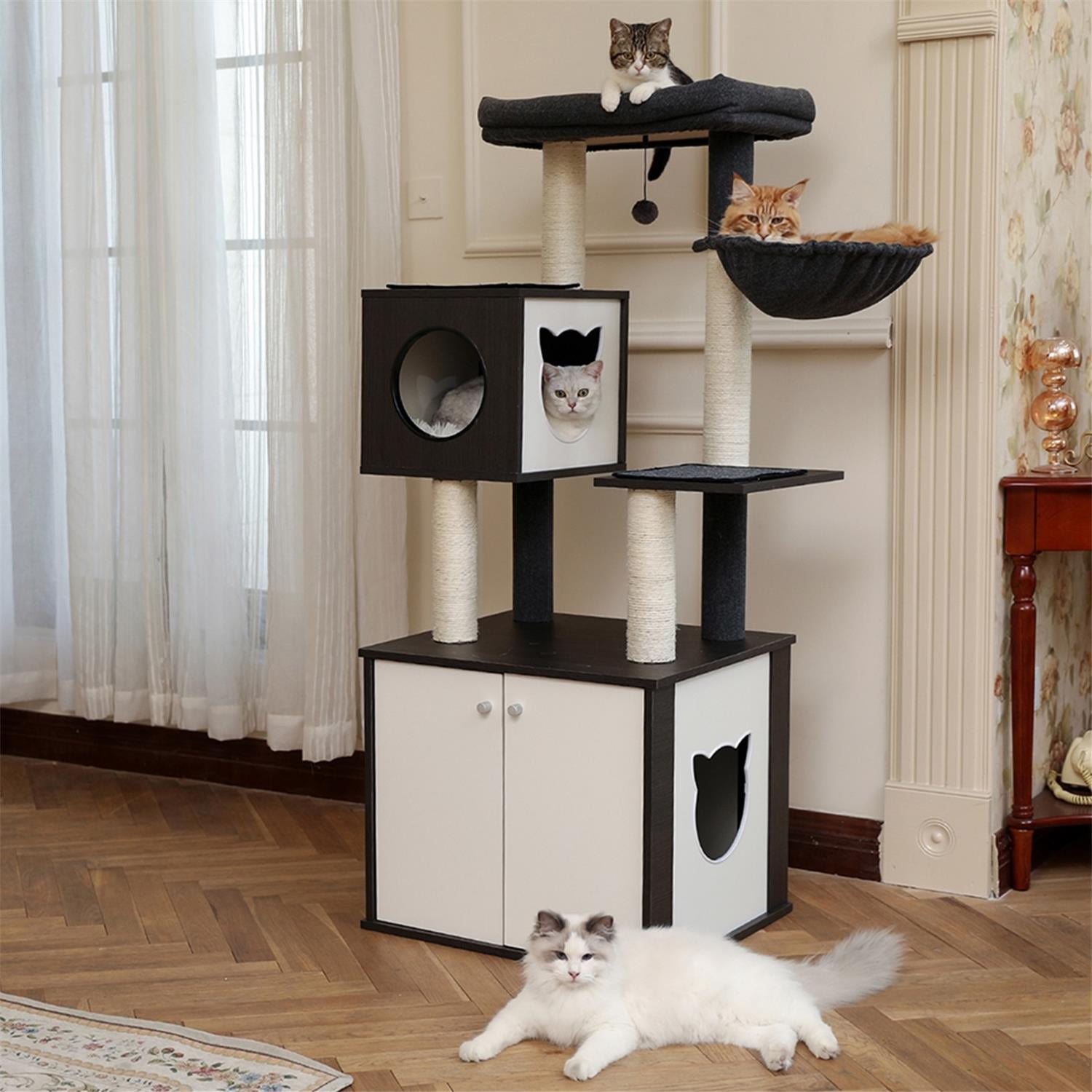 Pefilos 59" Wood Cat Tower Modern Cat Tree with Storage Cabinet Litter Box Enclosure and Cat Condo, Gray Pefilos 59" Wood Cat Tower Modern Cat Tree with Storage Cabinet Litter Box Enclosure and Cat Condo, Gray