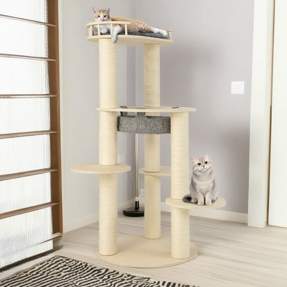 Pefilos 59" Wood Cat Tree Tower for Indoor Cats, Multi-Level Cat Condo with Scratching Posts, Perch, Washable Removable Cushions, Cat Furniture, Beige