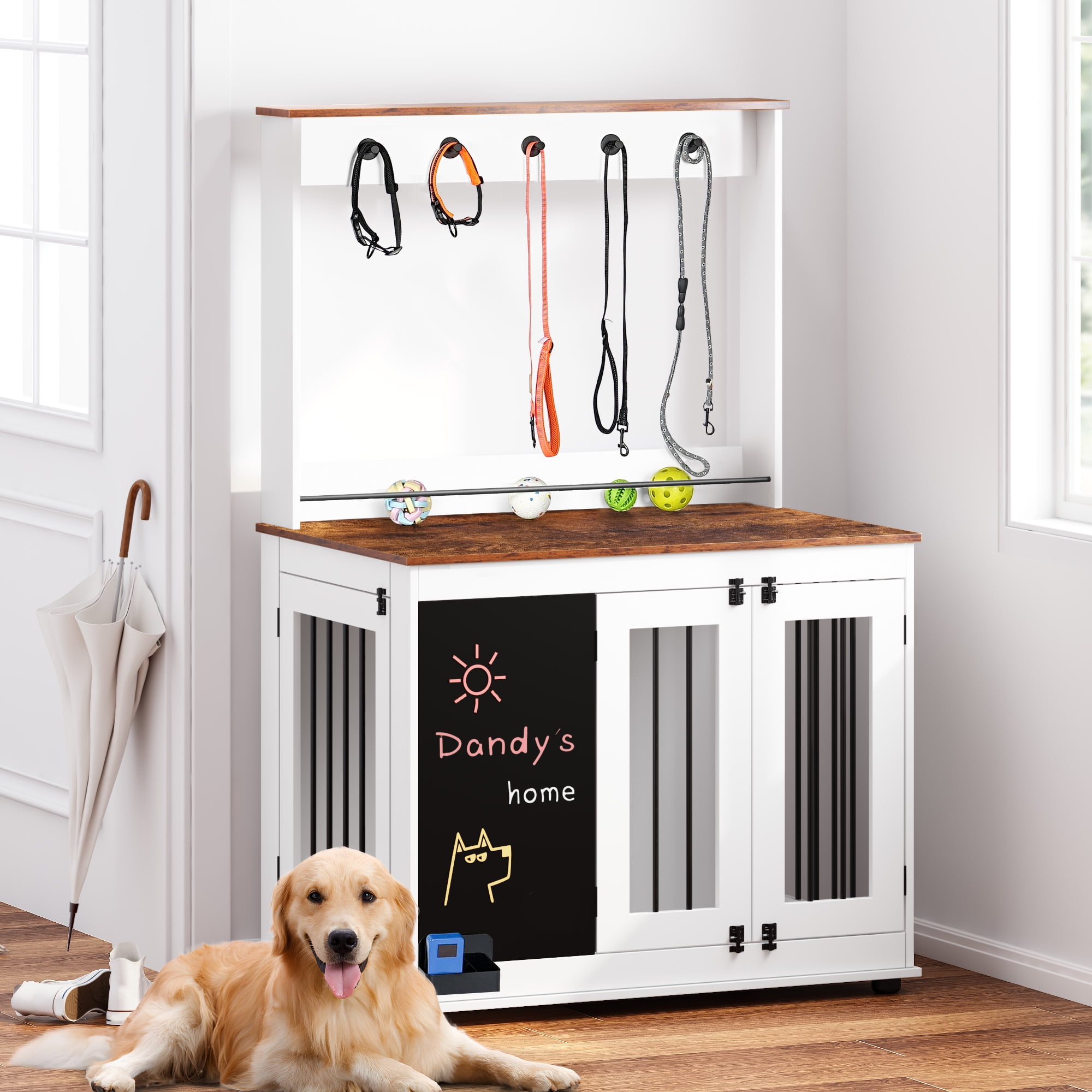 Pefilos 59" Wood Dog Crate Furniture, Heavy Dog Kennel Pet House with Double Doors, Indoor Graffiti Dog Cage for Large Dogs, White Pefilos 59" Wood Dog Crate Furniture, Heavy Dog Kennel Pet House with Double Doors, Indoor Graffiti Dog Cage for Large Dogs, White