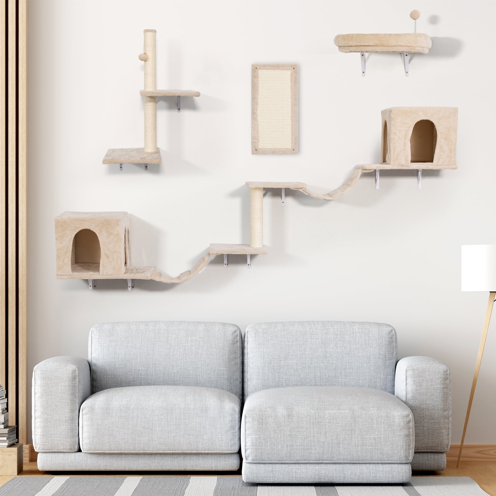Pefilos 6 Set Wall-mounted Cat Tree House, Cat Furniture with 2 Cat Condos, 3 Cat Wall Shelves, 2 Ladder, 1 Cat Perch, Sisal Cat Scratching Posts and Pad, Beige Pefilos 6 Set Wall-mounted Cat Tree House, Cat Furniture with 2 Cat Condos, 3 Cat Wall Shelves, 2 Ladder, 1 Cat Perch, Sisal Cat Scratching Posts and Pad, Beige