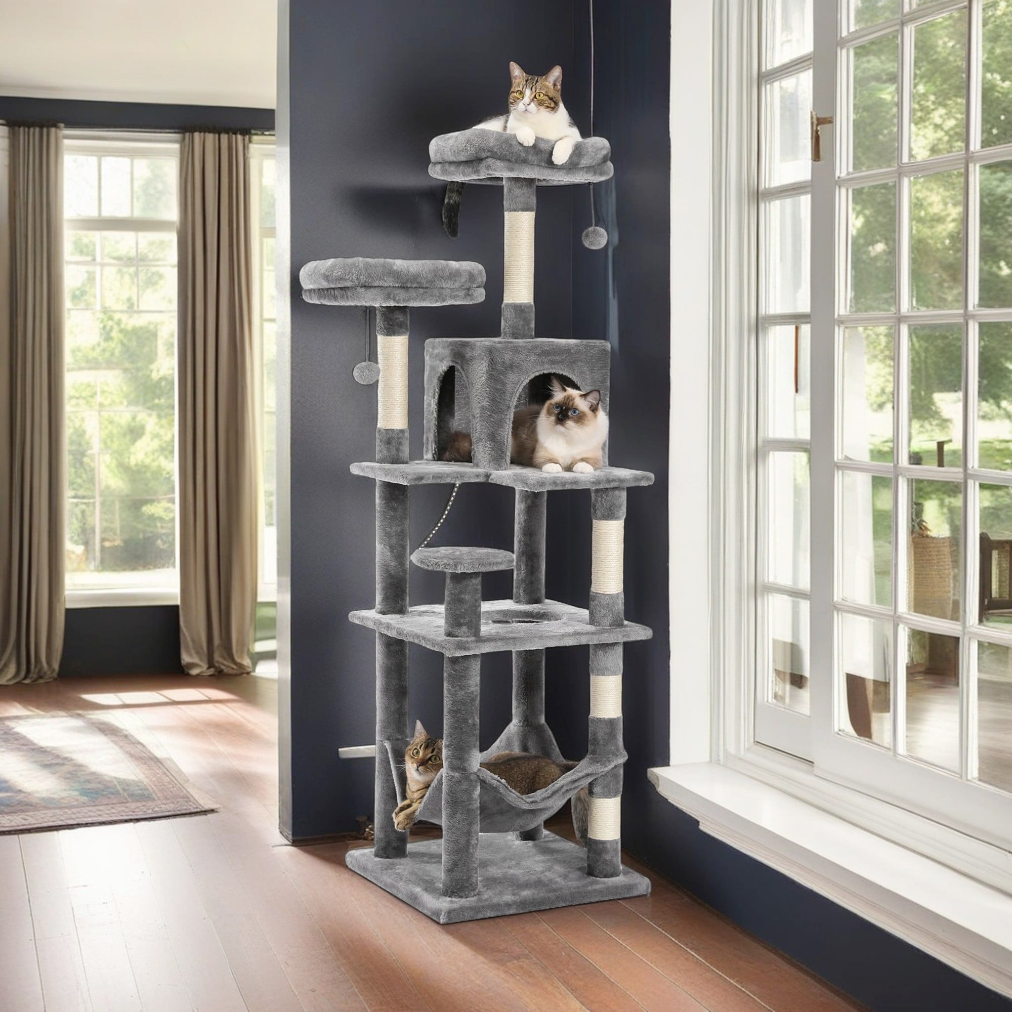Pefilos 60" Cat Tree Tower for Indoor Cats, Multi-Level Cat Tree House with Scratching Post, Cozy Cat Condo, Hammock and Padded Top Perch, Gray Pefilos 60" Cat Tree Tower for Indoor Cats, Multi-Level Cat Tree House with Scratching Post, Cozy Cat Condo, Hammock and Padded Top Perch, Gray