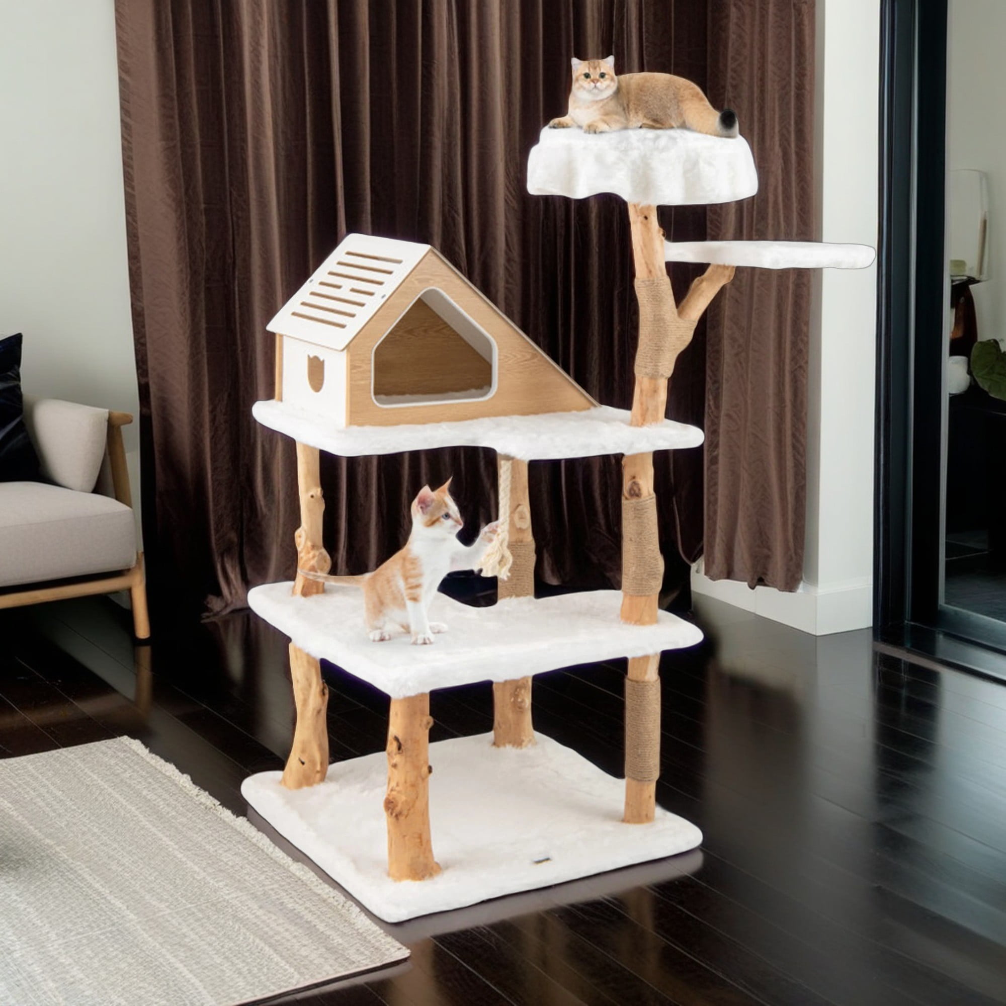 Pefilos 60" Modern Cat Tree Tower for Indoor Cats with Perch, Cat Condo, Solid Wood Cat Tree House with Scratching Posts for Large Cats, White Pefilos 60" Modern Cat Tree Tower for Indoor Cats with Perch, Cat Condo, Solid Wood Cat Tree House with Scratching Posts for Large Cats, White