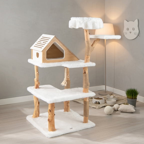Pefilos 60" Solid Wood Cat Tree Tower for Indoor, Modern Cat Condo with Scratching Post, Cat Climbing Tree House Furniture, White