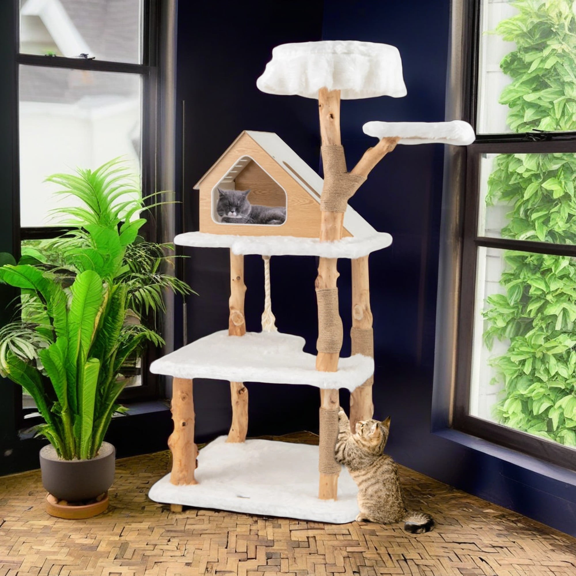 Pefilos 60" Solid Wood Cat Tree Tower for Indoor, Modern Cat Condo with Scratching Post, Cat Climbing Tree House Furniture, White Pefilos 60" Solid Wood Cat Tree Tower for Indoor, Modern Cat Condo with Scratching Post, Cat Climbing Tree House Furniture, White