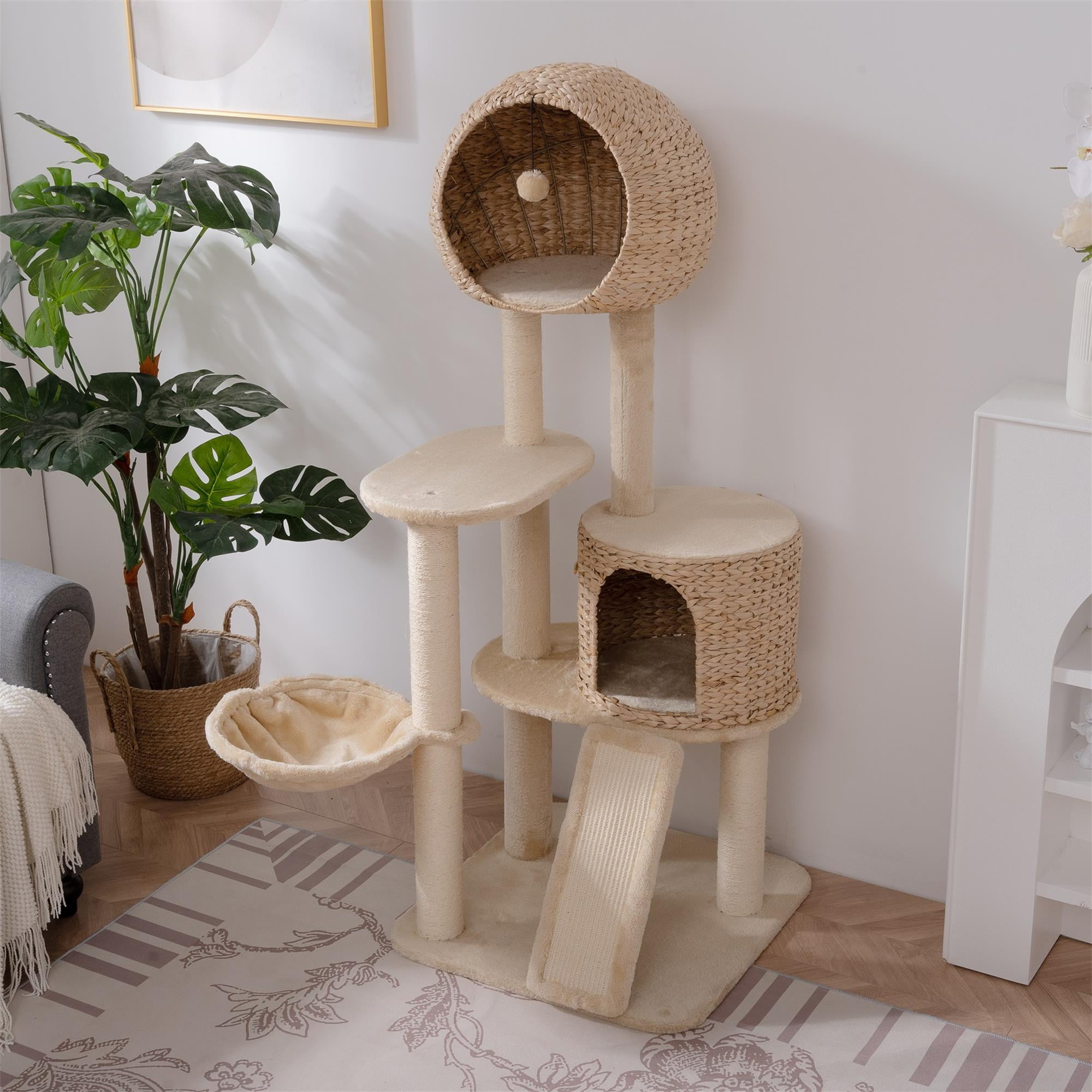 Pefilos 61" Cat Tree Tower for Indoor Cats, Plush Multi-Level Cat Condo with 1 Perches, 2 Caves, Cozy Basket and Scratching Board, Beige Pefilos 61" Cat Tree Tower for Indoor Cats, Plush Multi-Level Cat Condo with 1 Perches, 2 Caves, Cozy Basket and Scratching Board, Beige