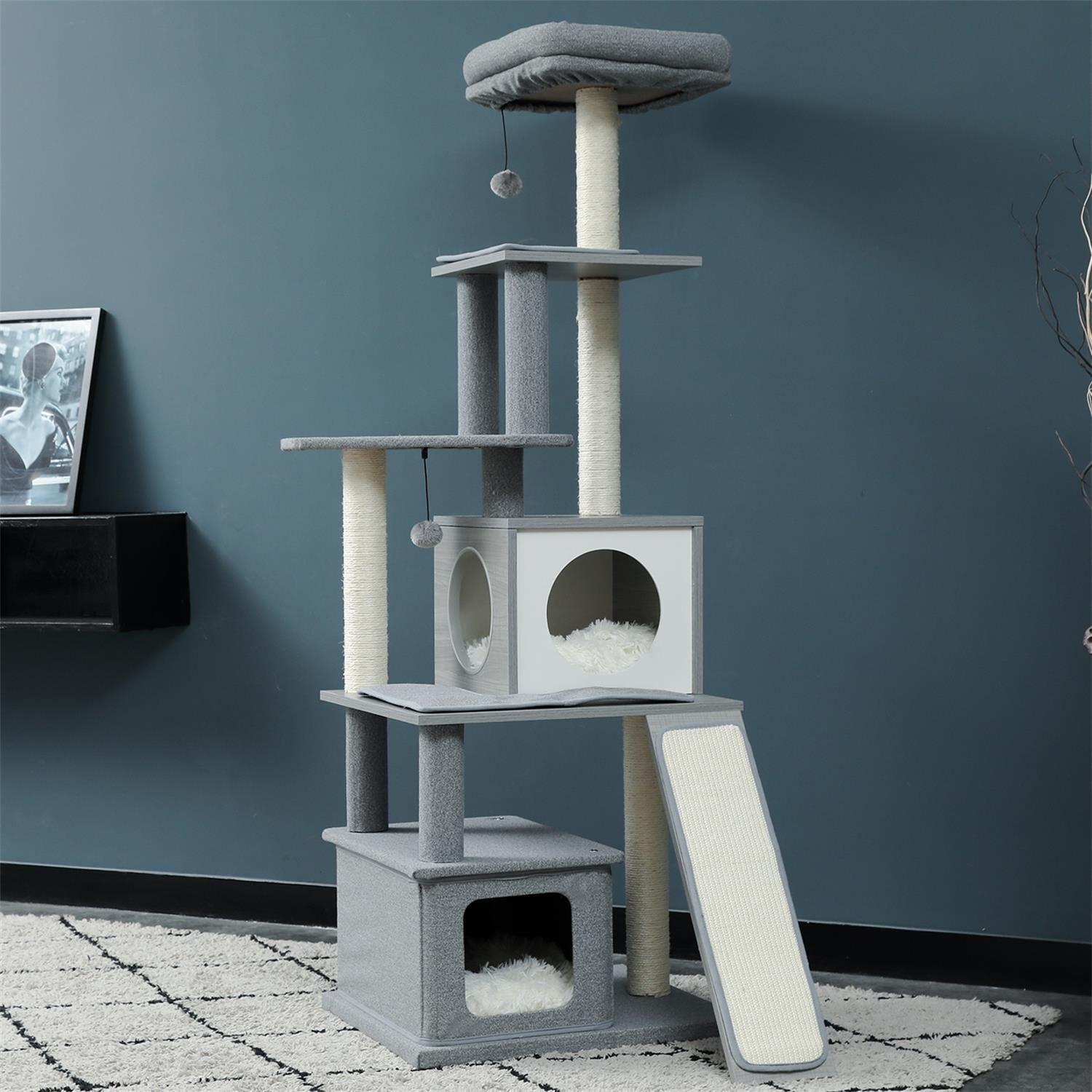 Pefilos 61" Cat Tree Tower for Indoor Wood Kitten Furniture Cat Condo for Adult Cats Activity Center Play House with Ladder, Gray