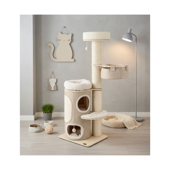 Pefilos 61" Cat Tree with Scratching Post, Cat Tower with with 2 Stoery Cat Condo and Top Perch, Multi-Platform Cat Tree House, Beige