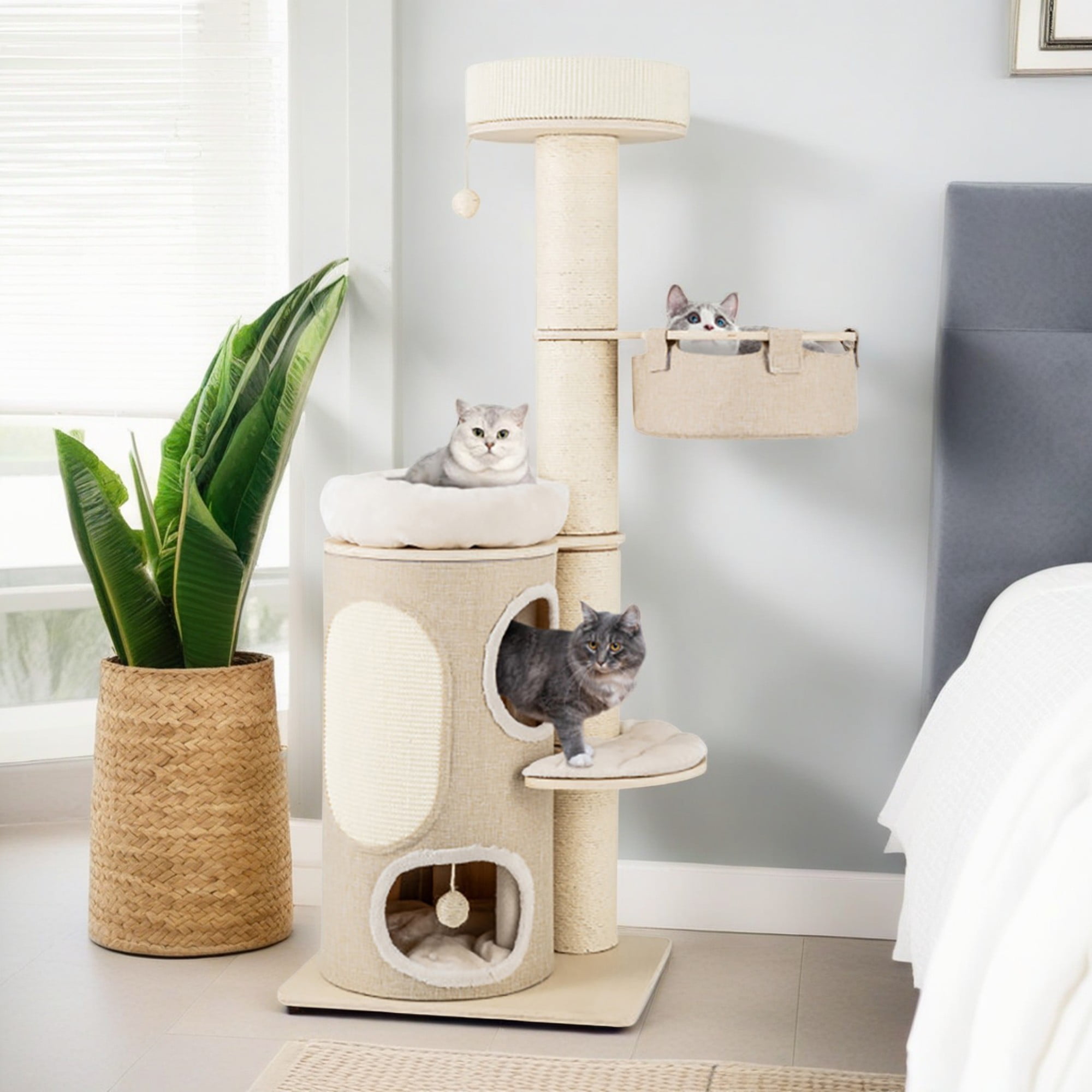 Pefilos 61" Cat Tree with Scratching Post, Cat Tower with with 2 Stoery Cat Condo and Top Perch, Multi-Platform Cat Tree House, Beige Pefilos 61" Cat Tree with Scratching Post, Cat Tower with with 2 Stoery Cat Condo and Top Perch, Multi-Platform Cat Tree House, Beige
