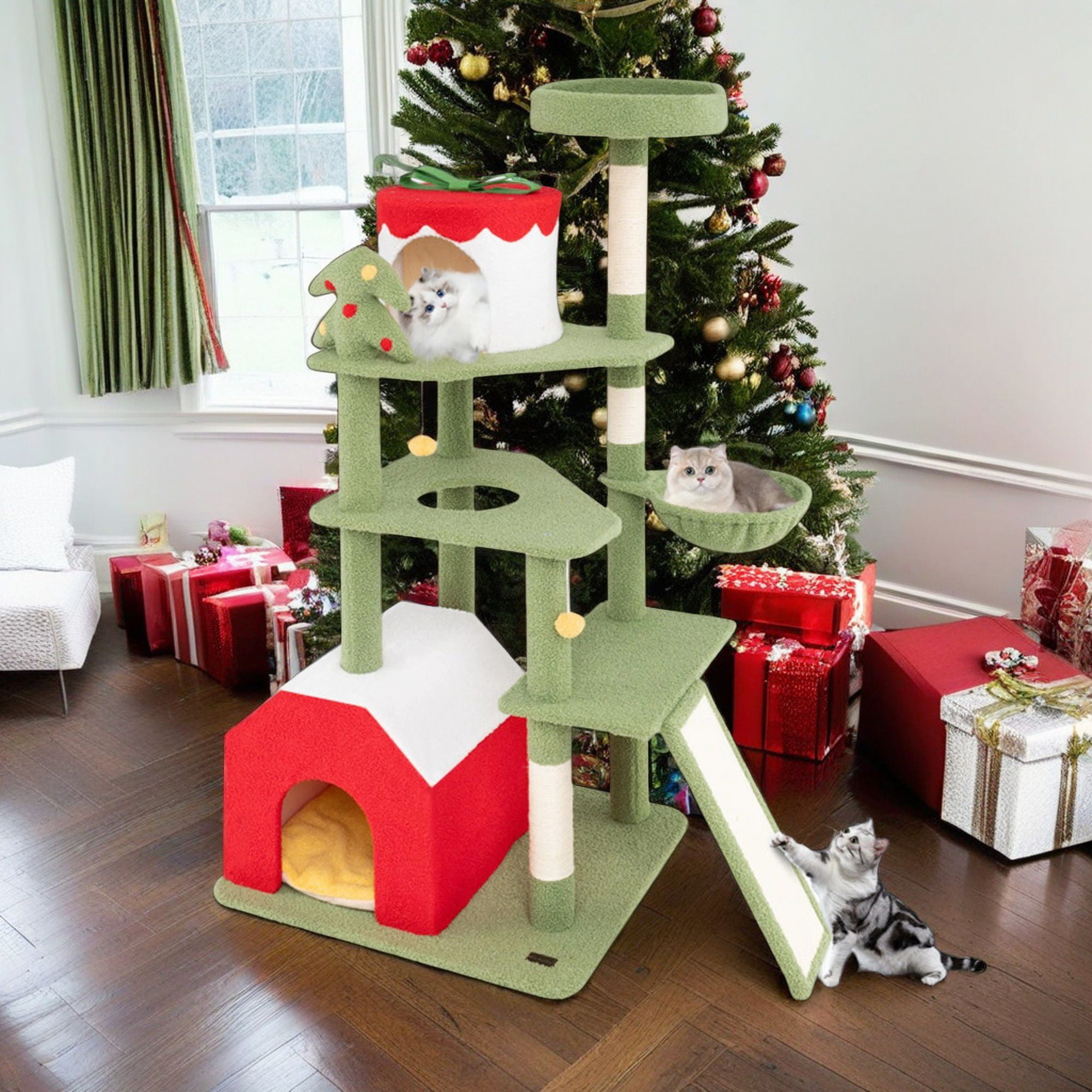 Pefilos 61" Christmas Decor Cat Tree Tower for Indoor Cats, Multi-Level Cat Climbing Tower with Cat Condos, Top Perches, Hammock, Green Pefilos 61" Christmas Decor Cat Tree Tower for Indoor Cats, Multi-Level Cat Climbing Tower with Cat Condos, Top Perches, Hammock, Green