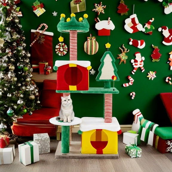 Pefilos 61" Cute Christmas Cat Tree for Indoor Cats with Scratching Posts and Carpet, Multi-Level Cat Tower with Gift Box-shaped Cat Condos, Multicolor