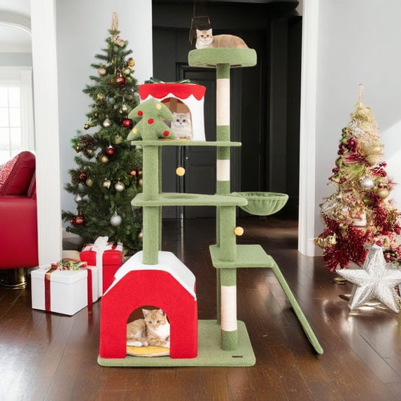 Pefilos 61" Cute Christmas Cat Tree with Sisal Scratching Posts and Board, Multi-Level Cat Tower with Gift Box Shaped Condo, Kittens Play Activity Center, Green