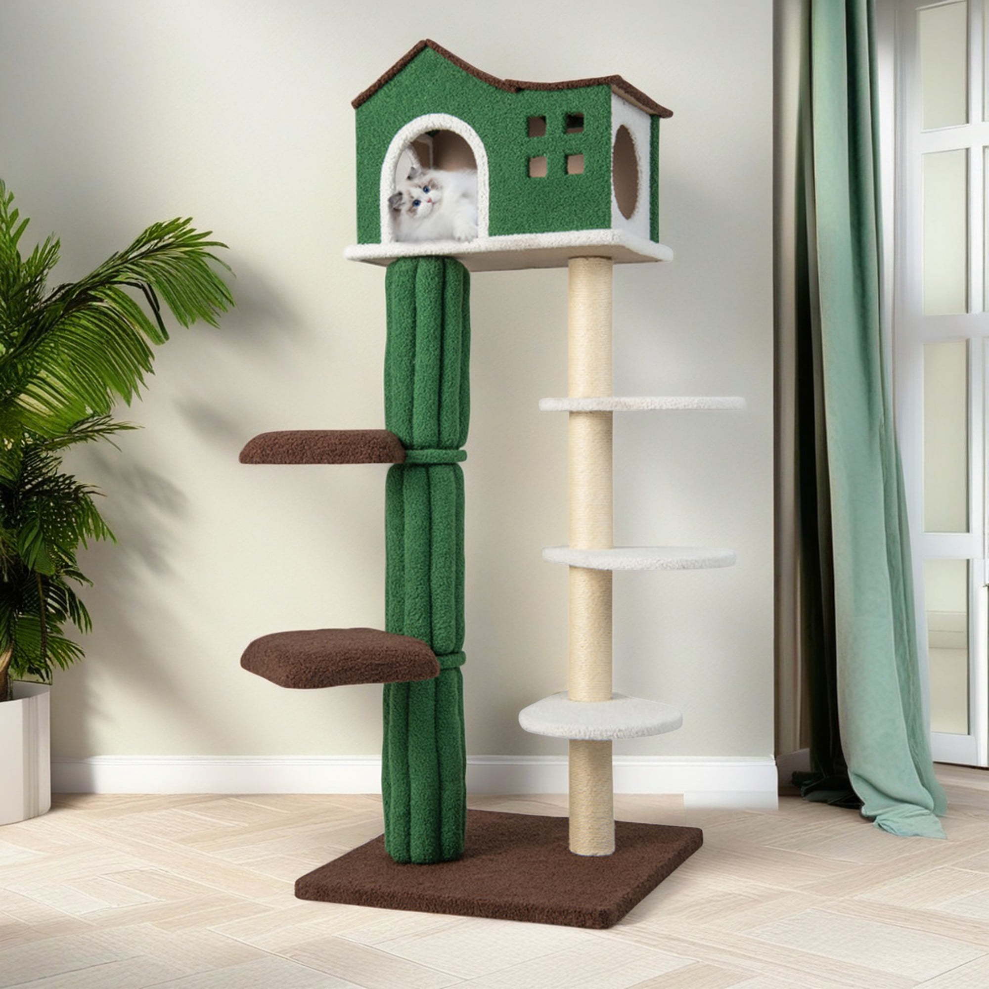 Pefilos 61" Multi-level Cat Tree Tower with Cat Scratching Post for Indoor Cats, Featuring with Cat Condo for Kittens and Cats, Green Pefilos 61" Multi-level Cat Tree Tower with Cat Scratching Post for Indoor Cats, Featuring with Cat Condo for Kittens and Cats, Green