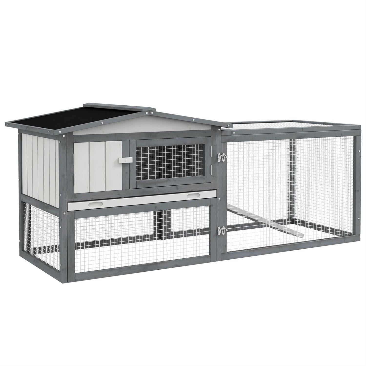 Pefilos 61" Outdoor Wooden Rabbit Hutch with Run, Trays and Feeding Trough, Outdoor Bunny Enclosure Guinea Pig Cage for Small Animals, Gray