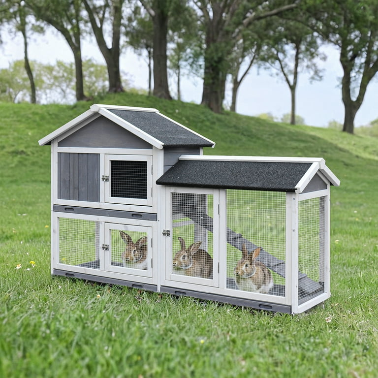 Pefilos 61 Rabbit Hutch Indoor Outdoor Double Layer Luxury Rabbit Cage with Run No Leak Tray and Removable Bottom Wire Mesh Gray