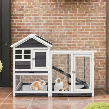 Pefilos 48" Wood Rabbit House for Outdoor, Indoor Rabbit Cage Large Bunny Hutch, Gray