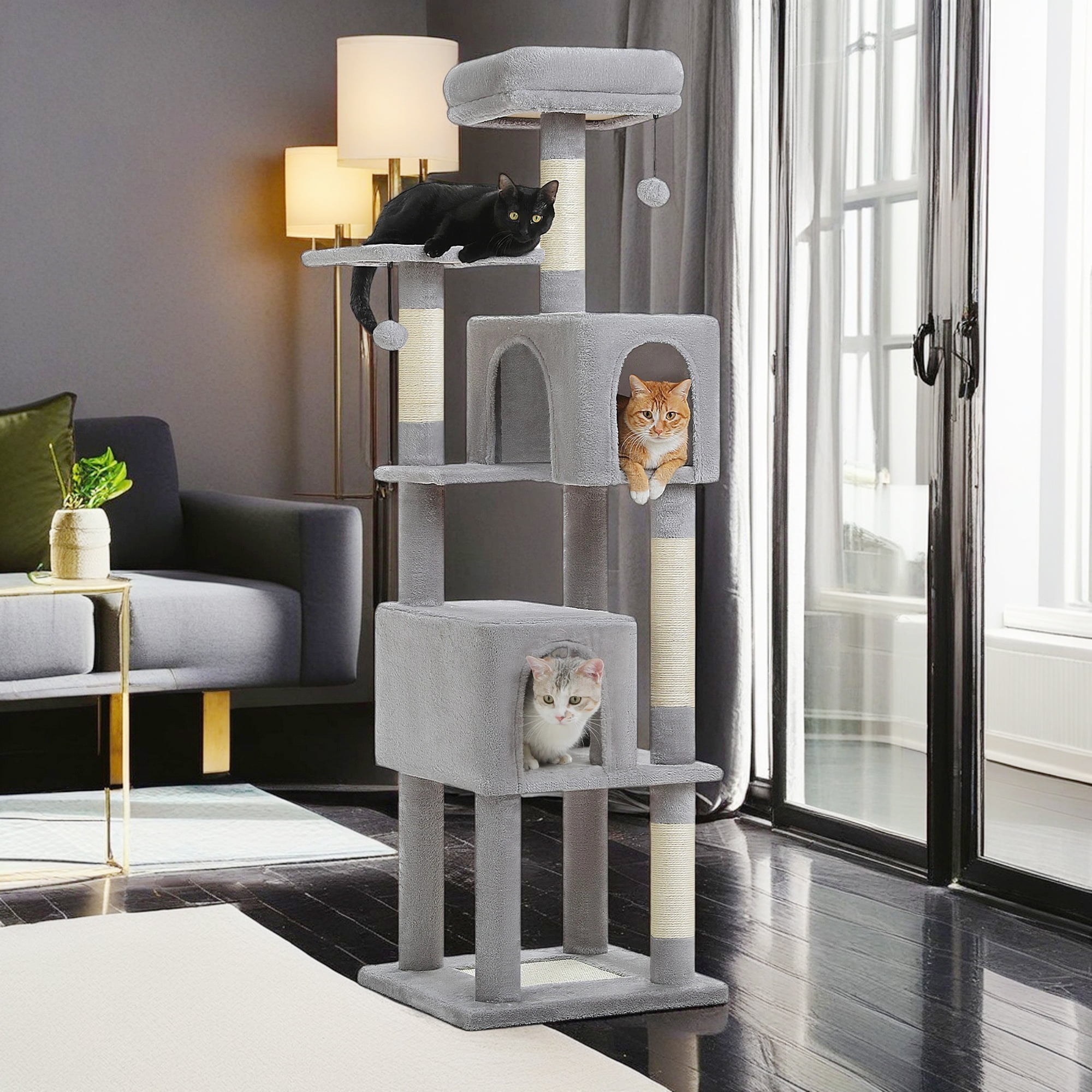Pefilos 62" Cat Tree for Indoor Cats, Modern Cat Tree Tower with 2 Spacious Condos, Scratching Pad, 4 Cat Scratching Posts, 2 Top Perches, 2 Pompoms, Gray