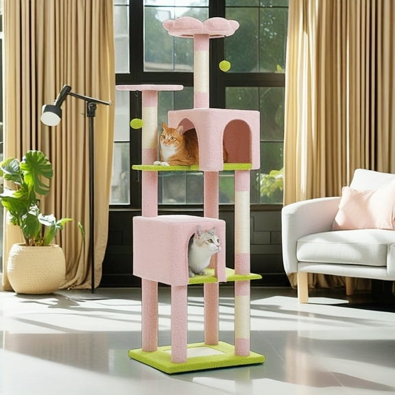 Pefilos 62" Cat Tree for Indoor Cats, Modern Cat Tree Tower with 2 Spacious Condos, Scratching Pad, 4 Cat Scratching Posts, 2 Top Perches, 2 Pompoms,