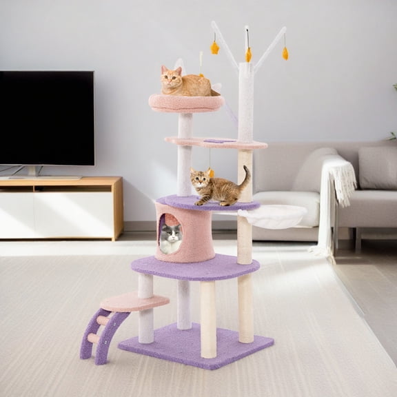 Pefilos 62" Cute Cat Tree Tower for Indoor Cats, Moon and Star Cat Condo with Sisal Scratching Posts, Plush Perches, Kitten Cat Tree Tower Activity Center, Purple