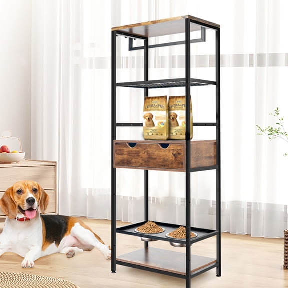 Pefilos 62" Dog Feeding Station, 3 Height Adjustable Raised Dog Bowls Stand, Dog Feeder Station for Large Medium Dogs Cats, Dog Storage with Shelves, Brown