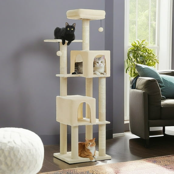 Pefilos 62" Modern Cat Tree Tower with 2 Condos, 4 Cat Scratching Posts, Cat Tree House for Indoor Cats with Removable Soft Perches, Beige