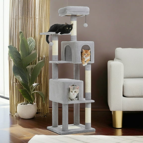 Pefilos 62" Modern Cat Tree Tower with 2 Condos, 4 Cat Scratching Posts, Cat Tree House for Indoor Cats with Removable Soft Perches, Gray