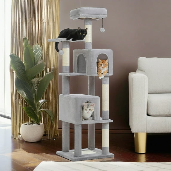 Pefilos 62" Modern Cat Tree Tower with 2 Condos, 4 Cat Scratching Posts, Cat Tree House for Indoor Cats with Removable Soft Perches, Gray
