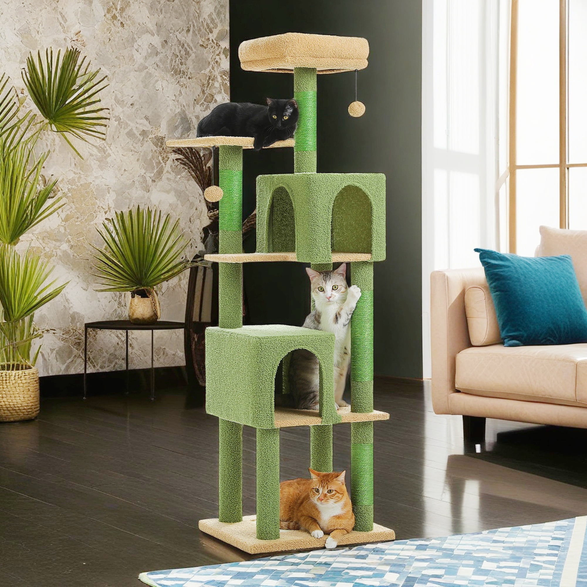 Pefilos 62" Cat Tree for Indoor Cats, Modern Cat Tree Tower with 2 Spacious Condos, Scratching Pad, 4 Cat Scratching Posts, 2 Top Perches, 2 Pompoms, Green