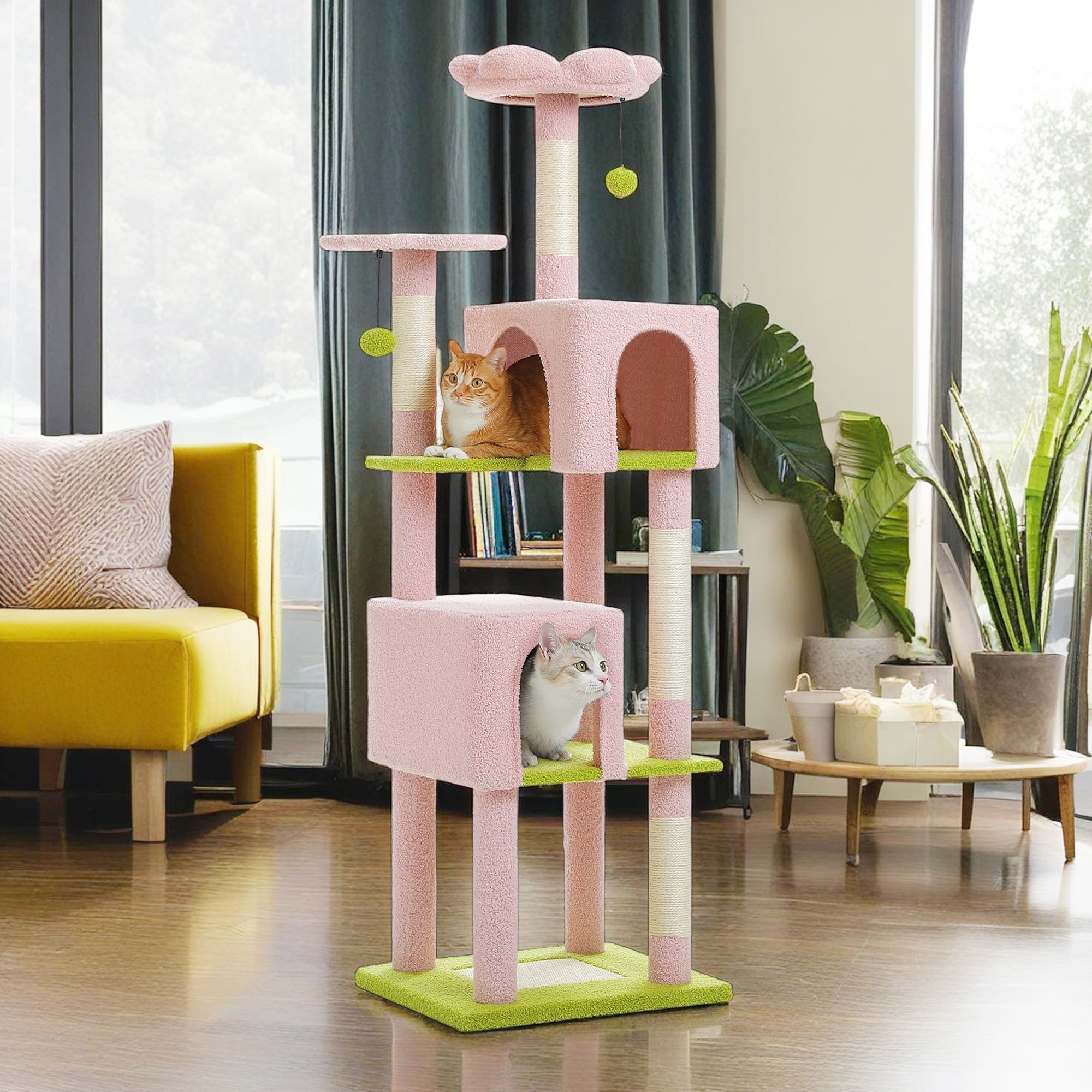 Pefilos 62" Modern Cat Tree Tower with 2 Condos, 4 Cat Scratching Posts, Cat Tree House for Indoor Cats with Removable Soft Perches, Pink