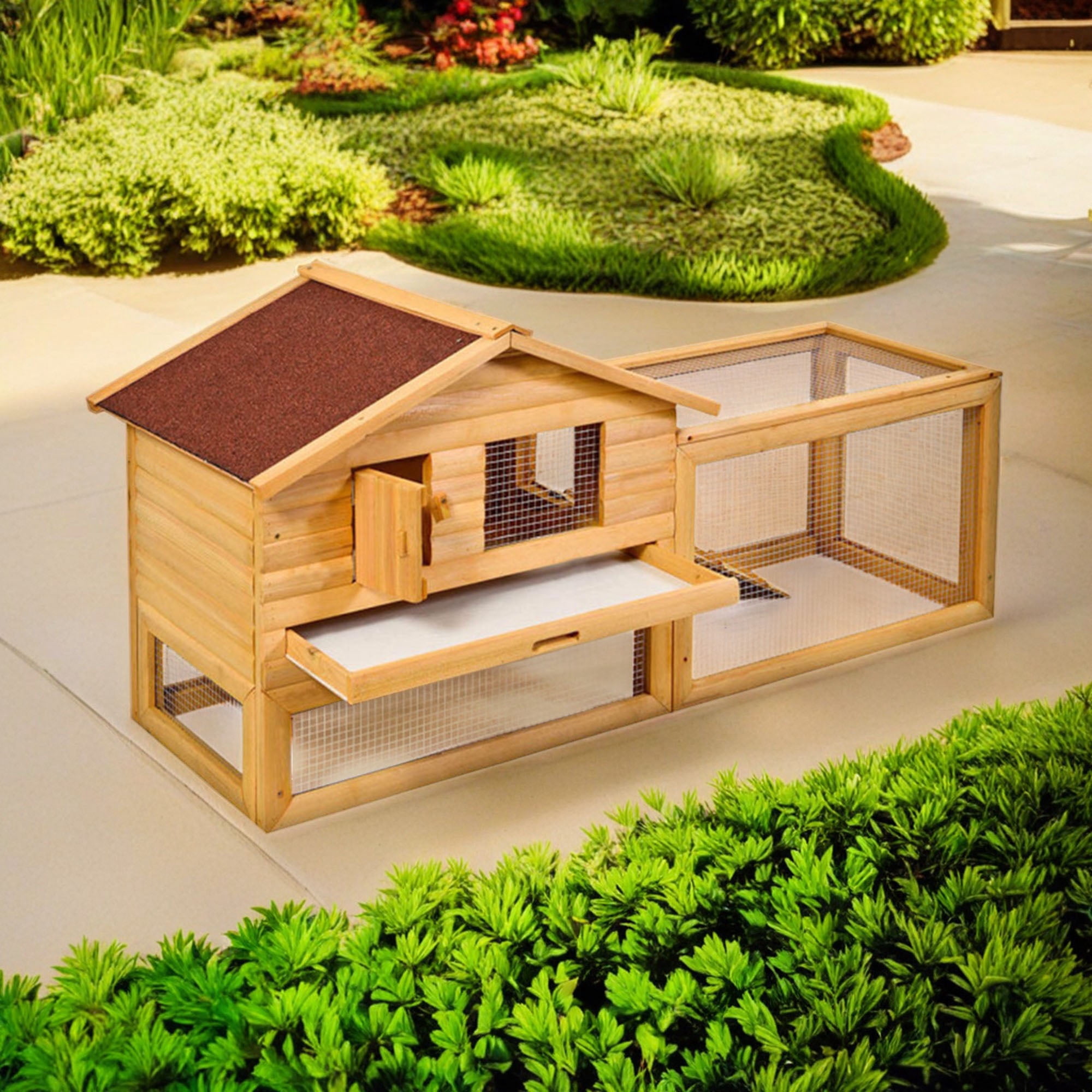 Pefilos 62" Wood Outdoor Chicken Coop with Run, Indoor Large Rabbit Hutch, Pet Cages for Small Animals, Beige