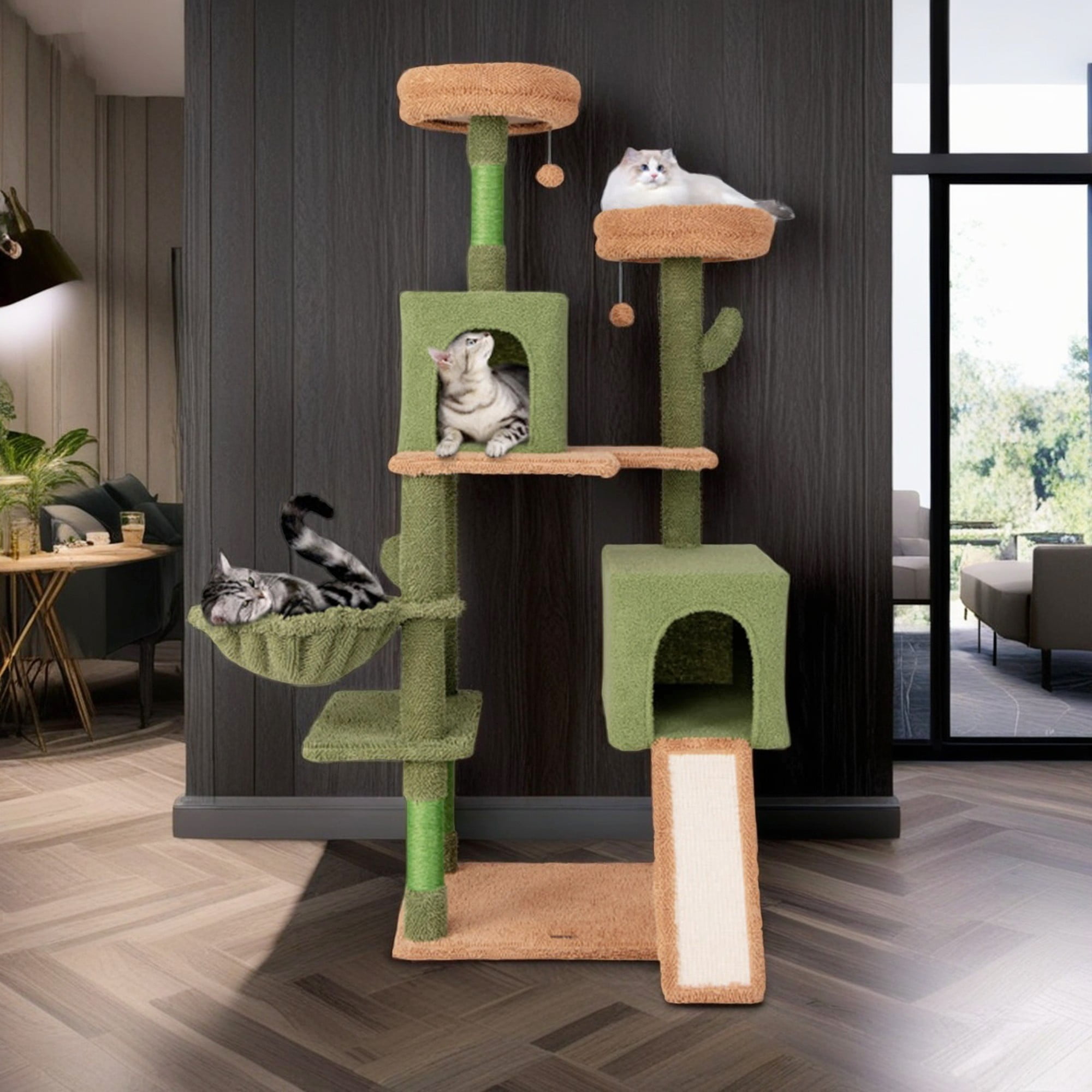 Pefilos 63" Cactus Cat Tree for Indoor Cats with Cat Condo, Multi-Level Cat Tower with Hammock, Cat Tree House with Sisal Scratching Posts and Ladder, Green Pefilos 63" Cactus Cat Tree for Indoor Cats with Cat Condo, Multi-Level Cat Tower with Hammock, Cat Tree House with Sisal Scratching Posts and Ladder, Green