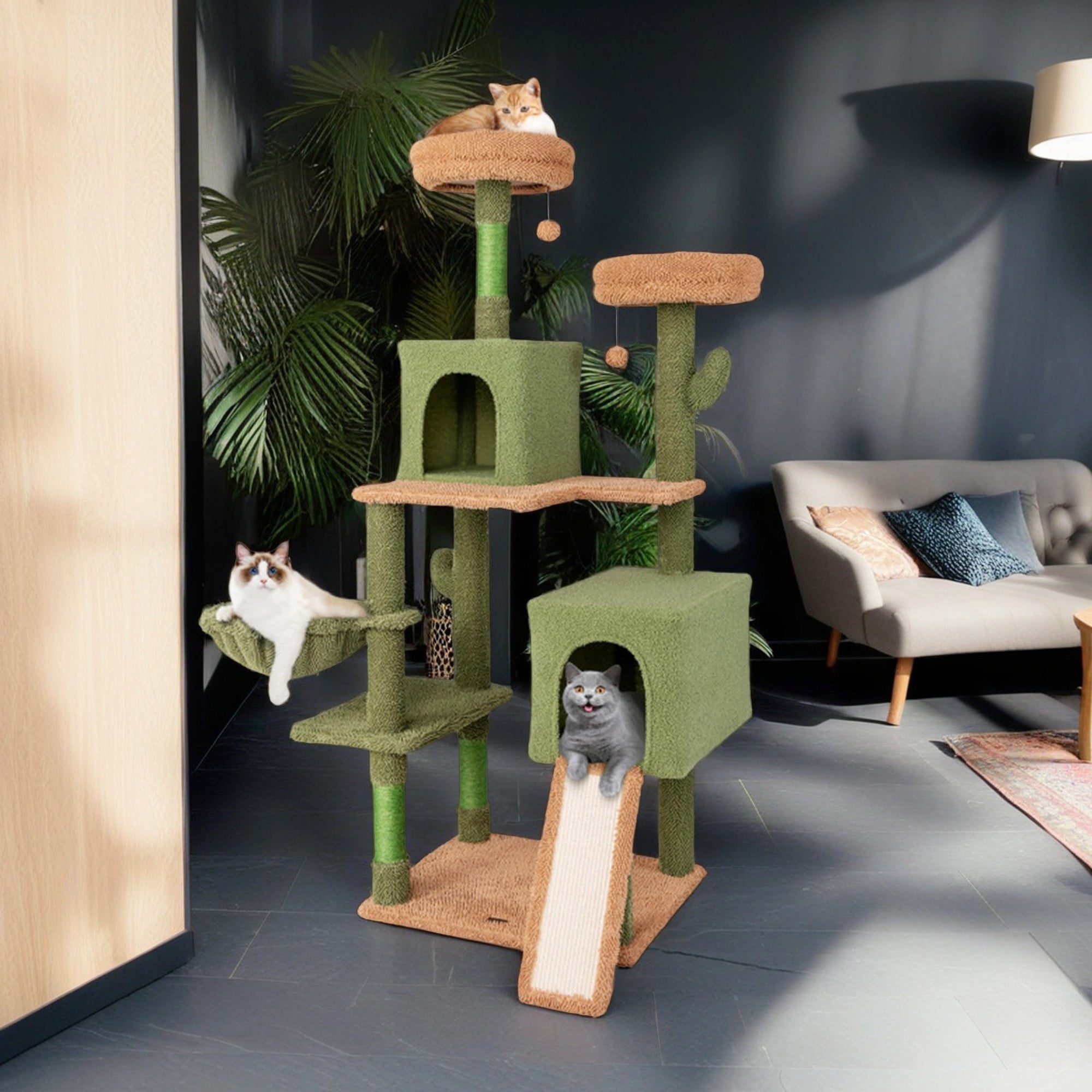 Pefilos 63" Cactus Cat Tree Tower for Indoor Cats, Multi-Level Cat Condo, Cat Tree House with Hammock, Sisal Scratching Posts and Ladder, Green Pefilos 63" Cactus Cat Tree Tower for Indoor Cats, Multi-Level Cat Condo, Cat Tree House with Hammock, Sisal Scratching Posts and Ladder, Green