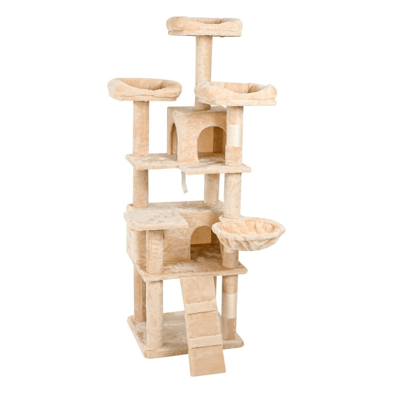 Pefilos 63 Cat Tree House for Big Cats Cat Tower for Indoor Cats Multi Level Cat Condo with Cozy Plush Perches Cats Play House Beige