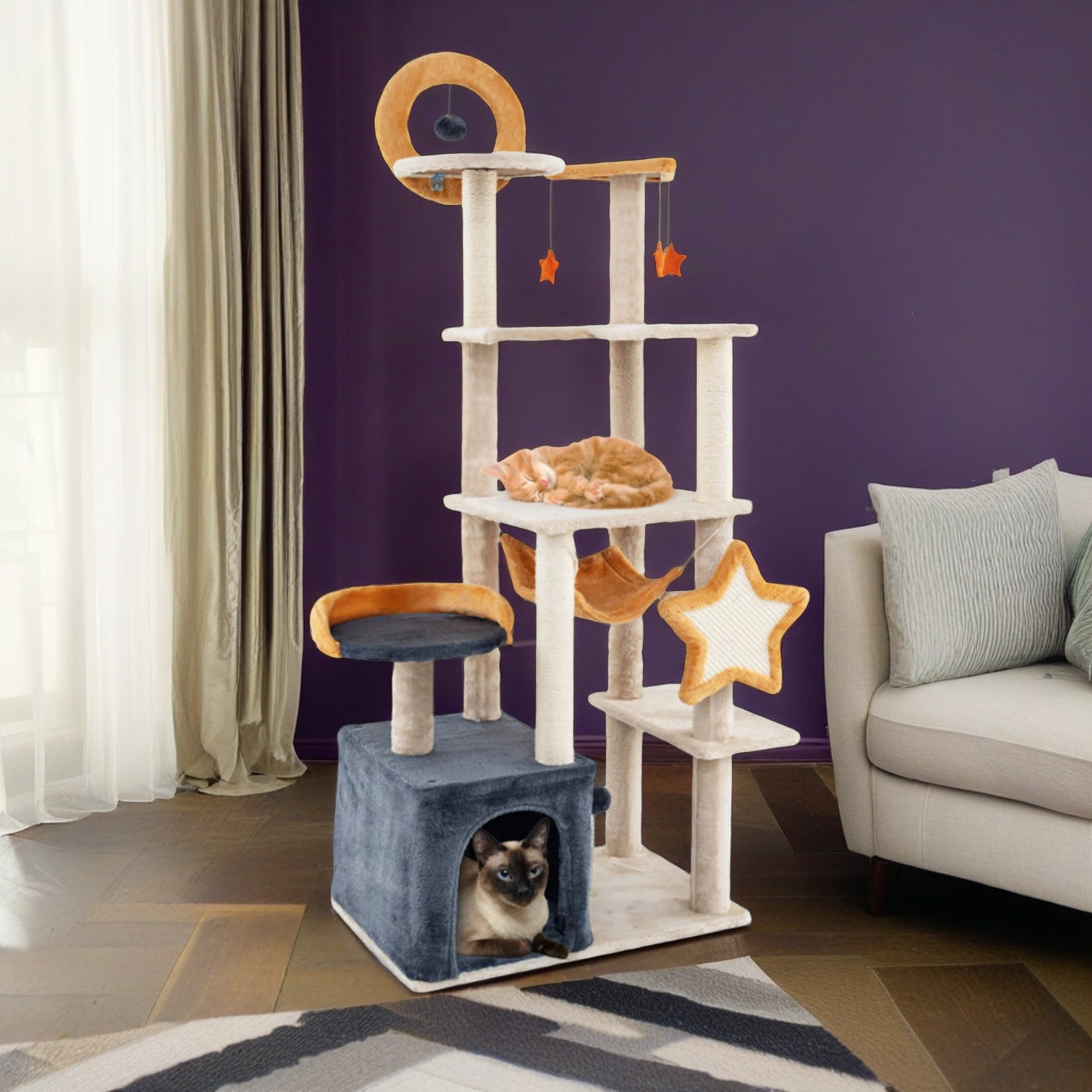 Pefilos 63" Cat Tree Tower for Indoors Cats, Cute Kitty Condo with Scratching Post and Pad, Multi-Level Activity Climbing Furniture for Medium Cats, Beige Pefilos 63" Cat Tree Tower for Indoors Cats, Cute Kitty Condo with Scratching Post and Pad, Multi-Level Activity Climbing Furniture for Medium Cats, Beige