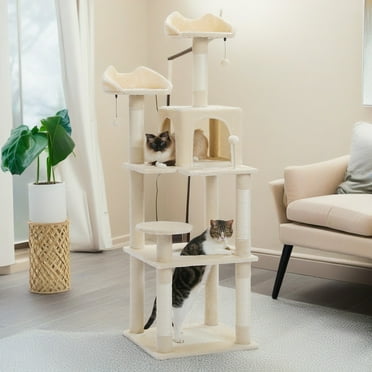 Pefilos 63" Cat Tree Tower for Indoor Cats, 4 Levels Platform Cat Condo for Large Cats with Fully Scratching Posts, Beige