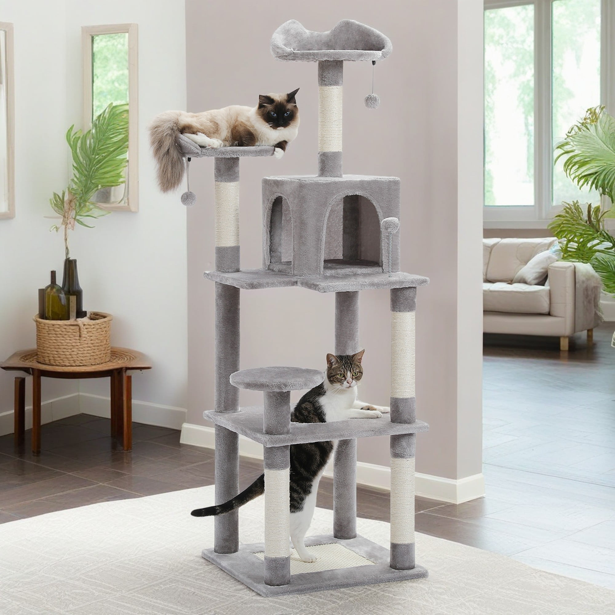 Pefilos 63" Cat Tree Tower for Indoor Cats, 4 Levels Platform Cat Condo for Large Cats with Fully Scratching Posts, Gray