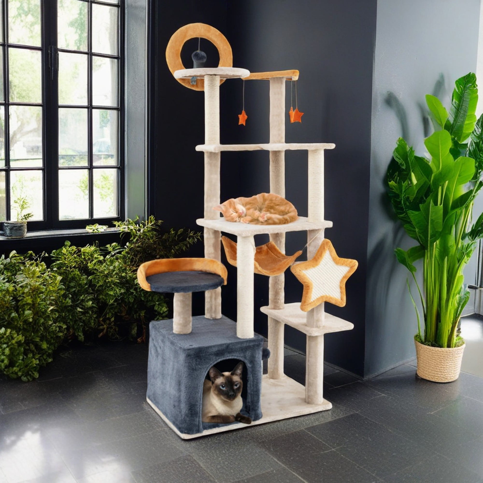 Pefilos 63" Could Cat Tree for Indoor Cats, Cat Condo with Cat Scratching Post and Board, Cat Tower for Kitten with Dangling Balls, Beige Pefilos 63" Could Cat Tree for Indoor Cats, Cat Condo with Cat Scratching Post and Board, Cat Tower for Kitten with Dangling Balls, Beige
