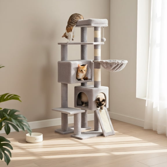 Pefilos 51" Cat Tree for Indoor Cats, Cat Tower with 2 Cozy Condos, Top Perch, Hammock, Climbing Ladder, Gray