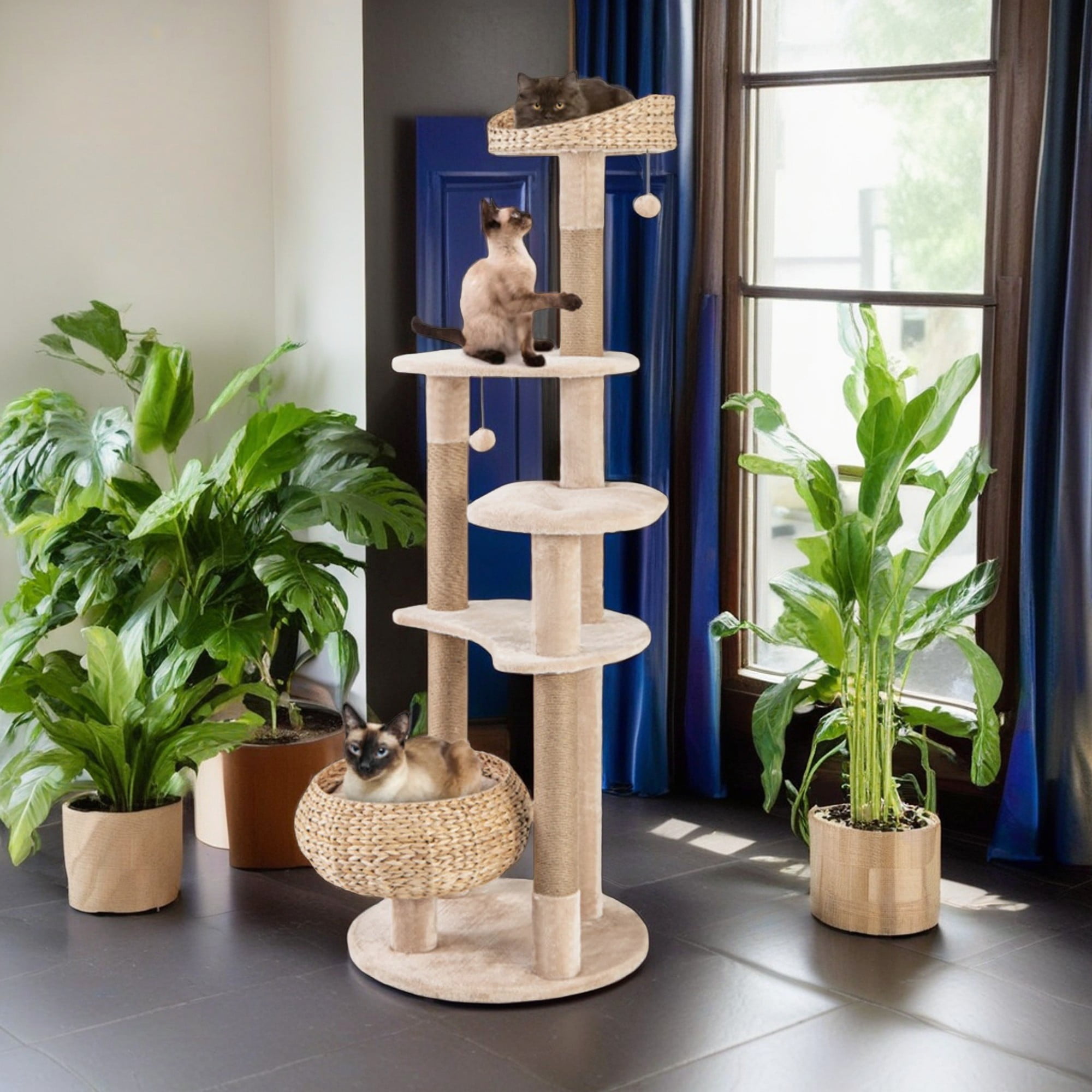 Pefilos 63" Modern Cat Tree Tower for Indoor Cats w/Natural Sisal Scratching Posts, Hand-Woven Condo and Top Perch, Cat Tree House for Kittens Climb Play, Beige Pefilos 63" Modern Cat Tree Tower for Indoor Cats w/Natural Sisal Scratching Posts, Hand-Woven Condo and Top Perch, Cat Tree House for Kittens Climb Play, Beige