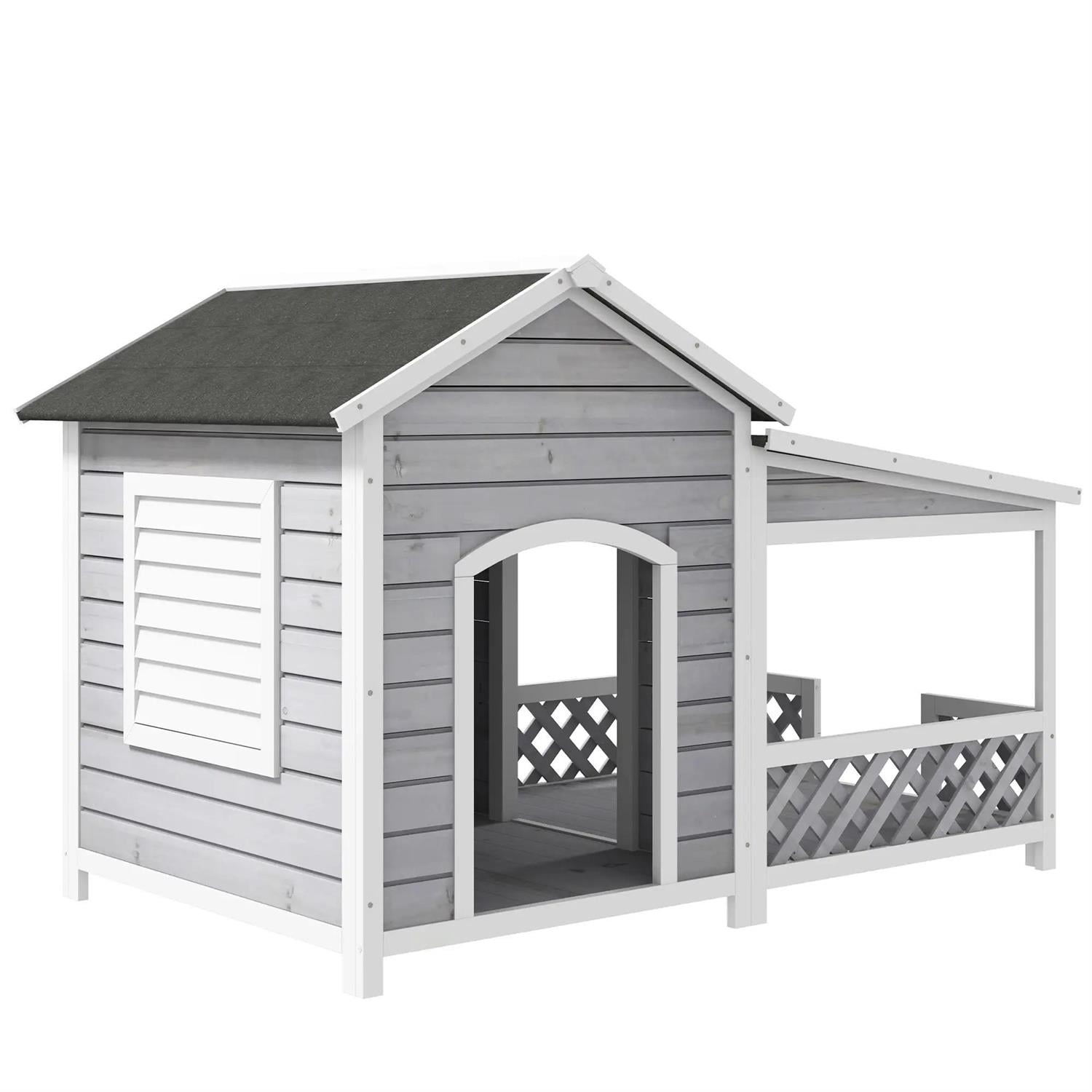 Pefilos 63" Outdoor Cabin Style Dog House with Asphalt Roof & Shutter Window, Wooden Dog Kennel Weatherproof for Small to Large Dogs, Gray