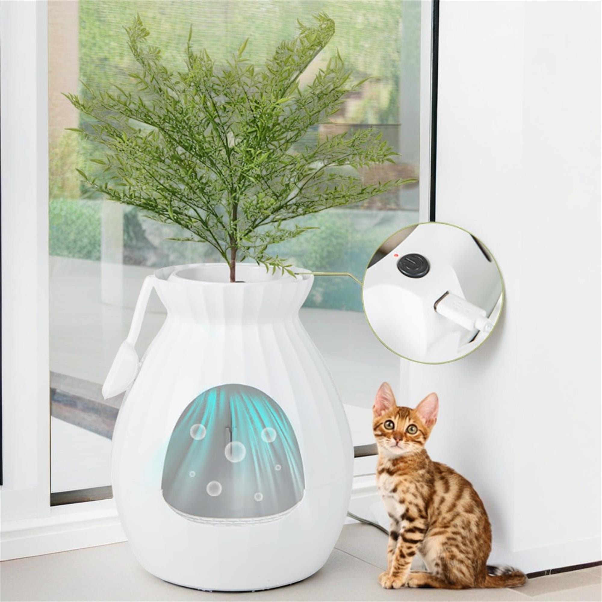 Pefilos 63L Smart Plant Cat Litter Box Enclosure Furniture with Electronic Odor Removal System, Hidden Cat House Washroom with Detachable Door Curtain, Scoop, White