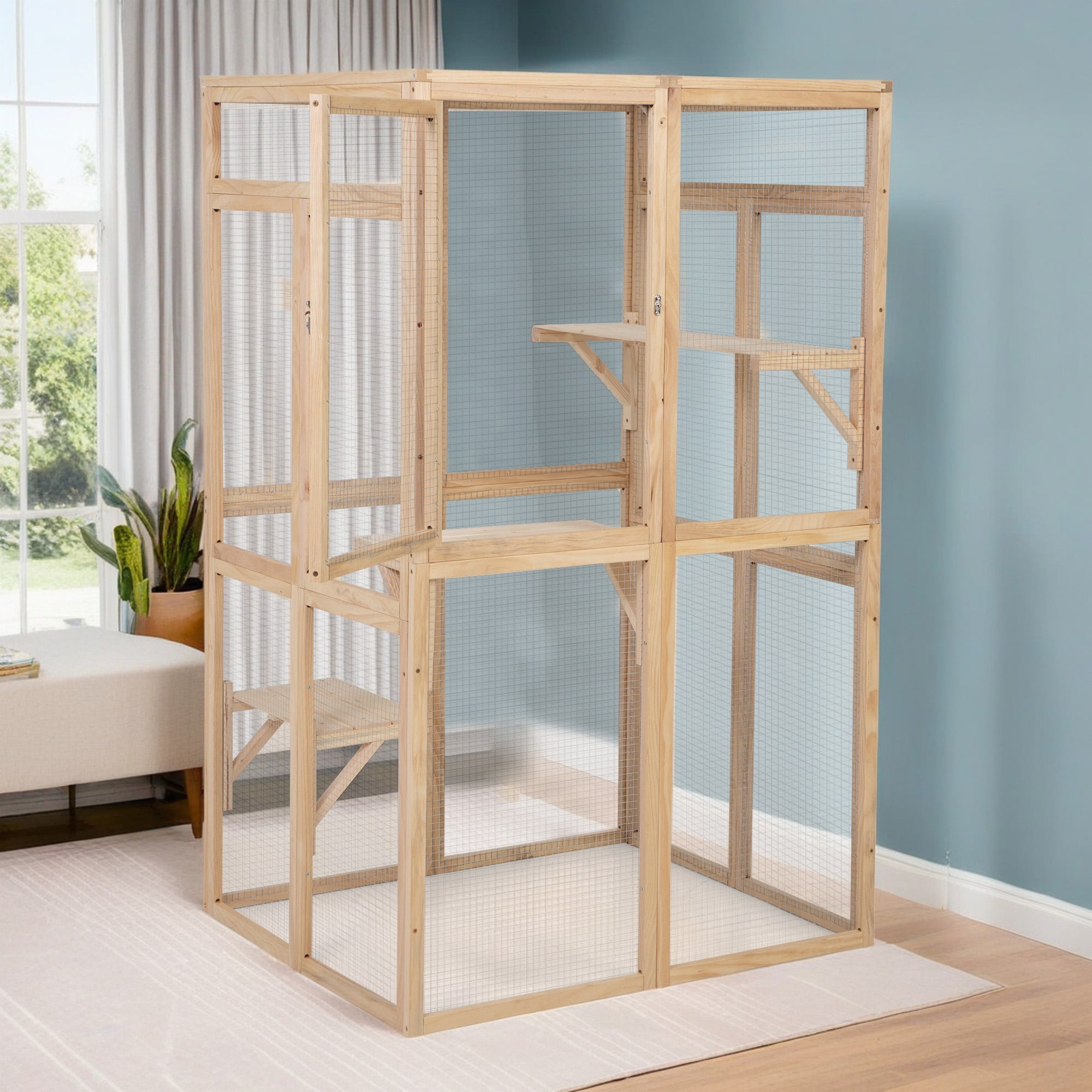 Pefilos 64" Cat House Outdoor Catio Cat Enclosures Wooden Kitty House with Platforms, Waterproof Roof, Hammock, Beige Pefilos 64" Cat House Outdoor Catio Cat Enclosures Wooden Kitty House with Platforms, Waterproof Roof, Hammock, Beige