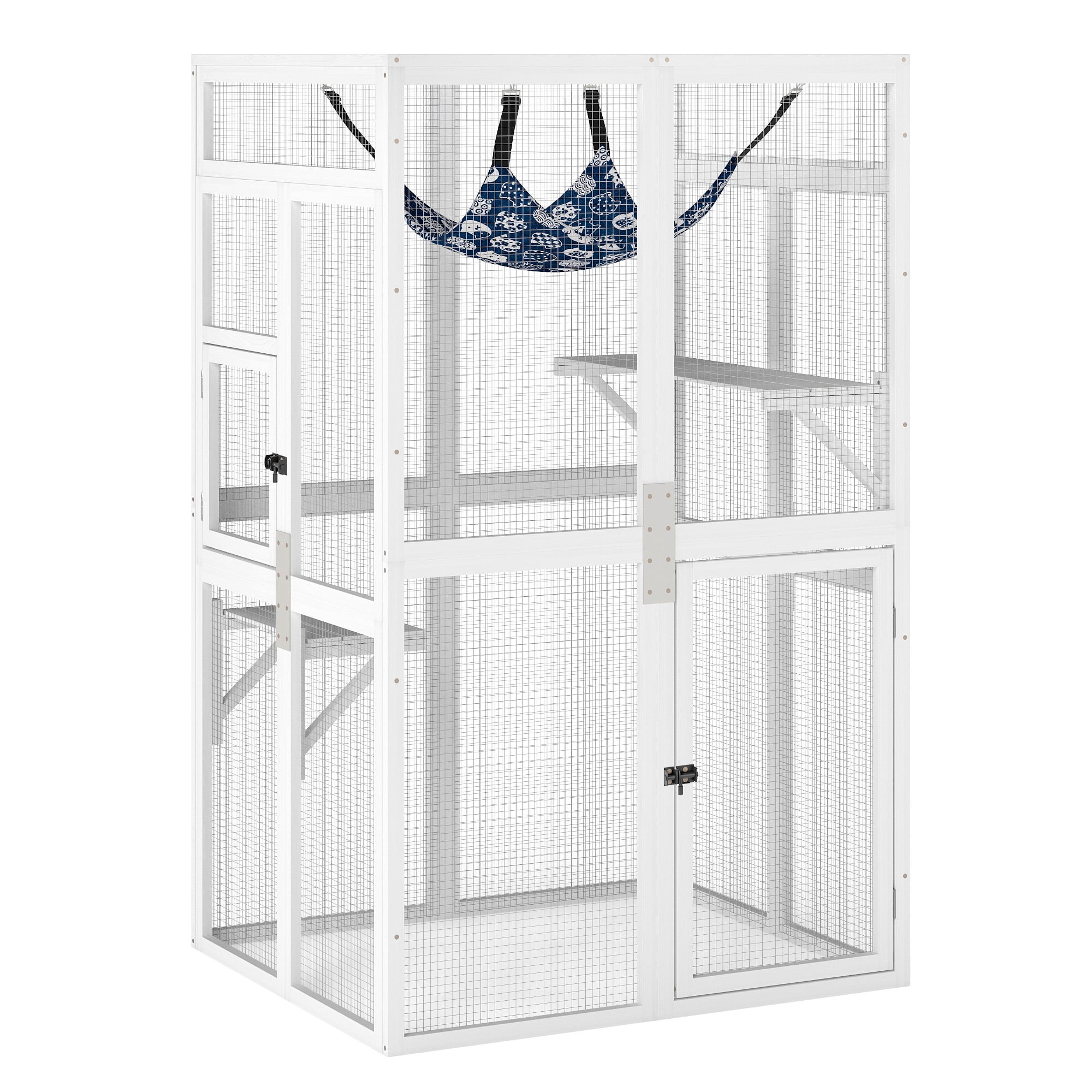 Pefilos 64" Cat House Outdoor Catio Cat Enclosures Wooden Kitty House with Platforms, Waterproof Roof, Hammock, White