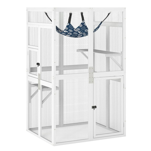 Pefilos 64" Cat House Outdoor Catio Cat Enclosures Wooden Kitty House with Platforms, Waterproof Roof, Hammock, White