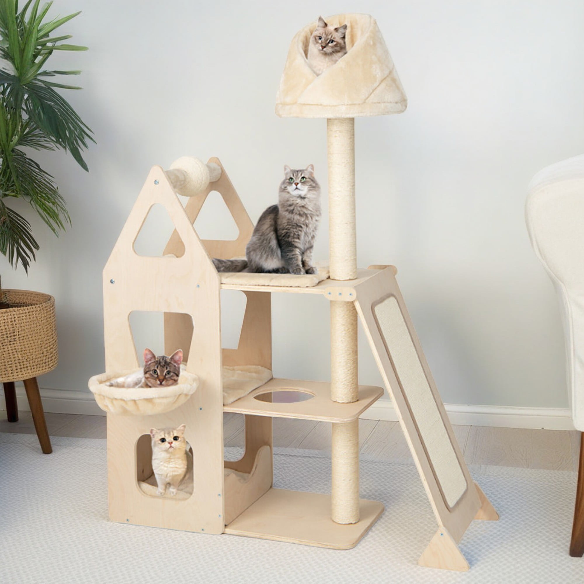Pefilos 64" Cat Tree Tower with Wood 2 Level Cat Condos, Large Perch and Totally Wrapped Sisal Posts, Modern Cat Tree House, Beige Pefilos 64" Cat Tree Tower with Wood 2 Level Cat Condos, Large Perch and Totally Wrapped Sisal Posts, Modern Cat Tree House, Beige