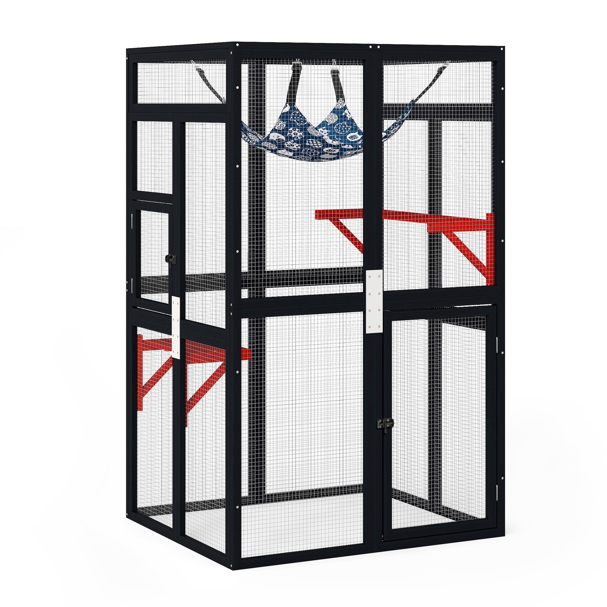 Pefilos 64" Gothic Cat House Outdoor Catio Cat Enclosures Wooden Kitty House with Platforms, Waterproof Roof, Hammock, Black