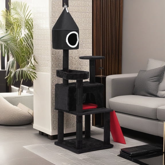 Pefilos 64" Gothic Cat Tree with Coffin Bed, Cat Tower with Spacious Cat Condo, Scratching Board, Spider Hanging Ball, Multi-Level Cat Activities Furniture, Black