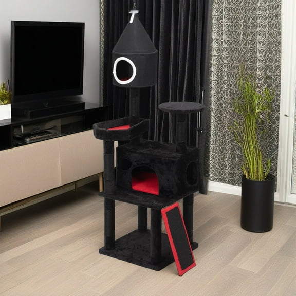 Pefilos 64" Gothic Cat Tree with Coffin Bed for Indoor Cats, Cat Tower with Scratching Ramp, Modern Cat Tree House with Condo, Black