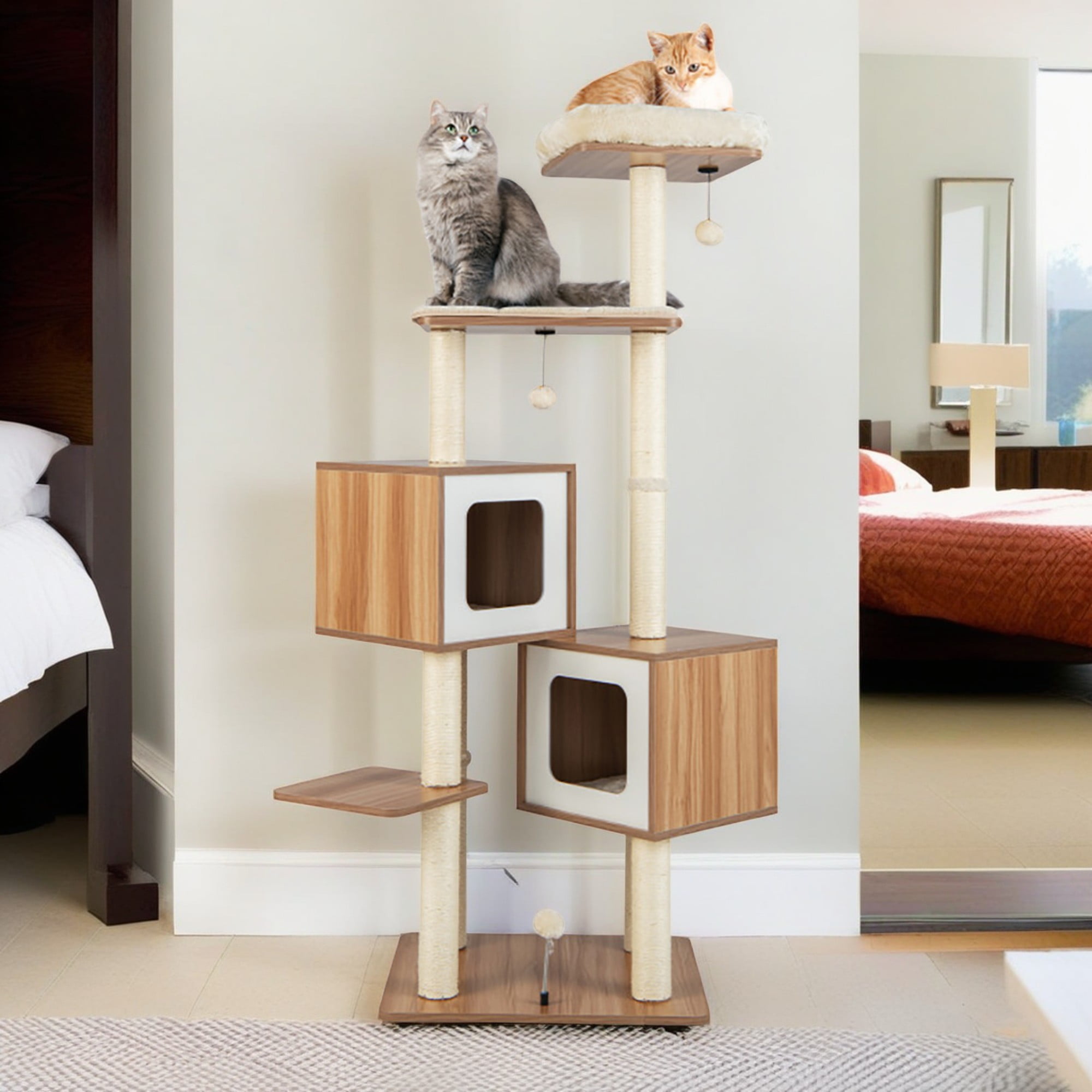 Pefilos 64" Large Wooden Cat Tree Tower with Double Condos, Large Perch and Totally Wrapped Sisal Posts, Modern Cat Tree House, Beige Pefilos 64" Large Wooden Cat Tree Tower with Double Condos, Large Perch and Totally Wrapped Sisal Posts, Modern Cat Tree House, Beige