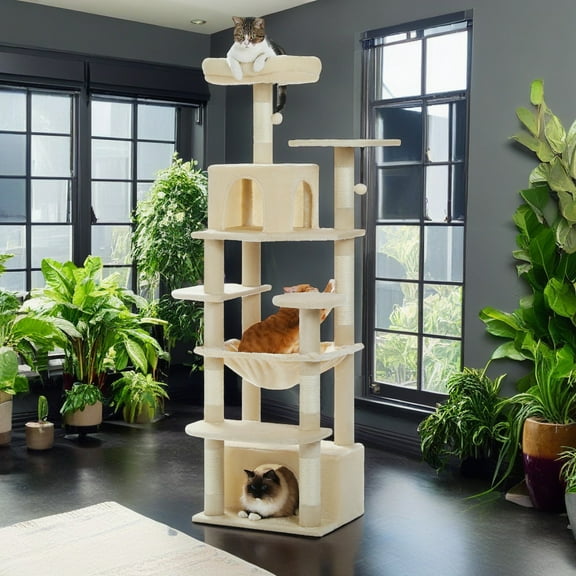 Pefilos 64" Modern Cat Tree Tower for Indoor Cats, Cat Condo with Sisal Scratching Post, Hammock and Top Perch, Beige