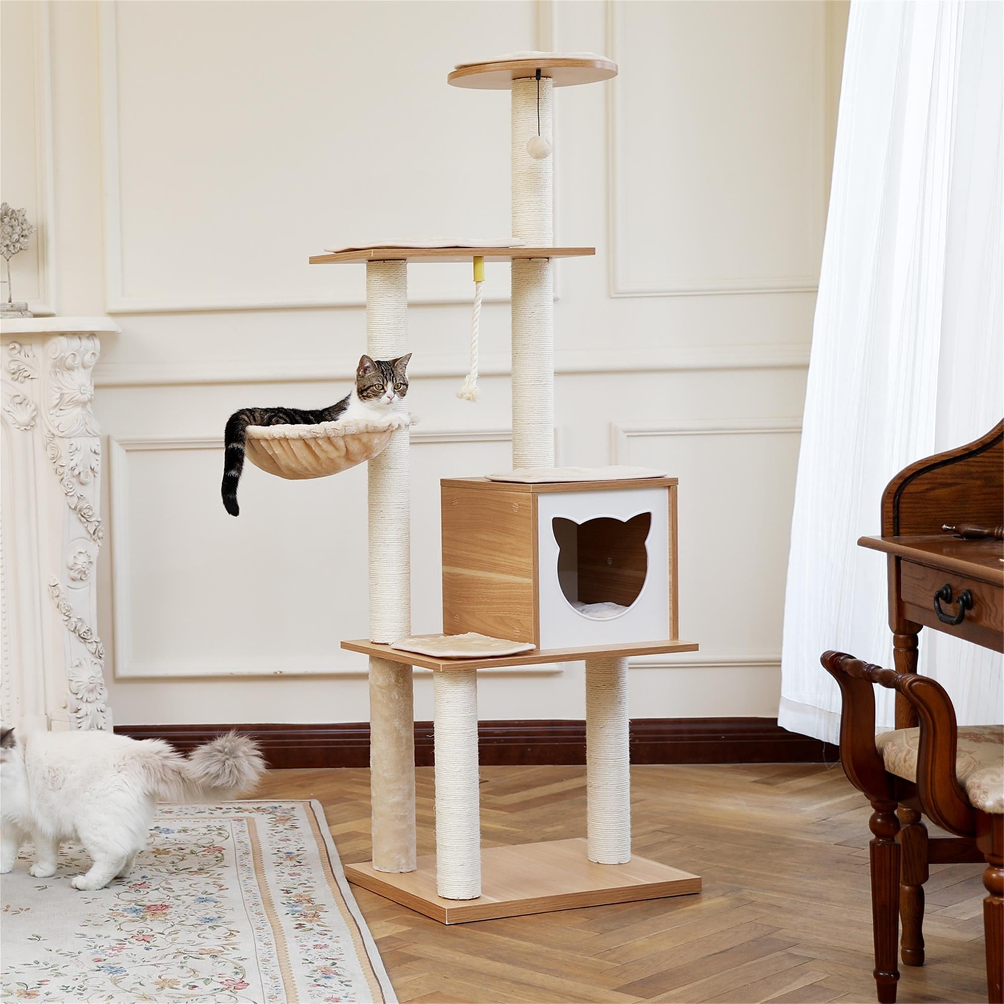 Pefilos 64" Modern Wood Cat Tree Tower for Indoor Cats, MultiLevel Cat